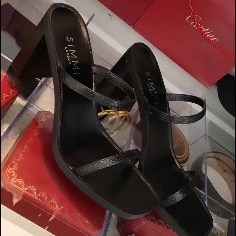 Dime Black Snake Print Slim Block Mid Heel Mules